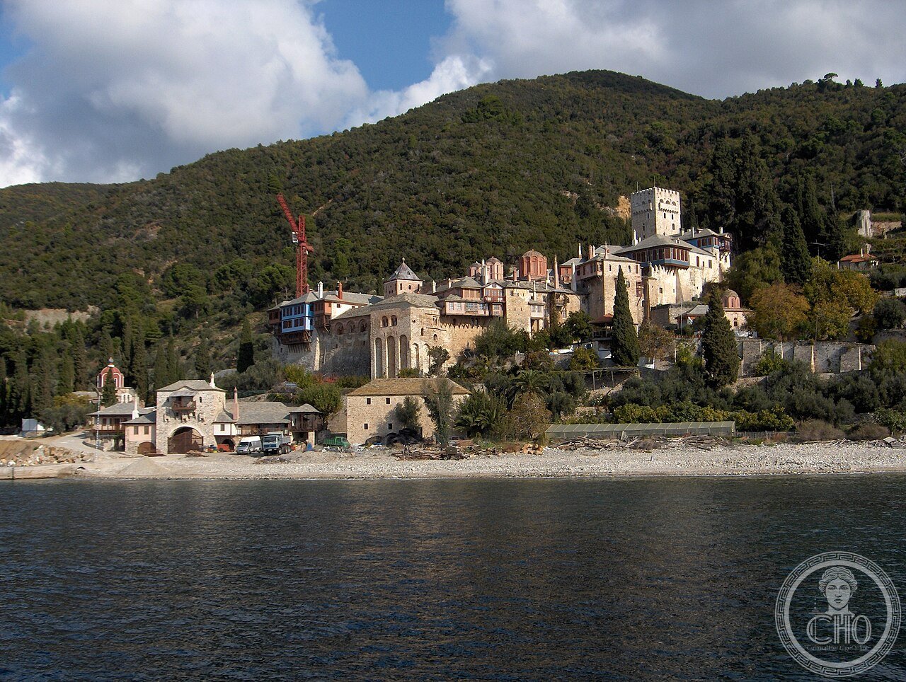 Docheiariou Monastery on Mount Athos, Greece, a coastal monastery founded by the monk Euthymios, home to the miraculous icon of the Virgin known as Gorgoepikoos, 'She Who Is Quick to Hear'