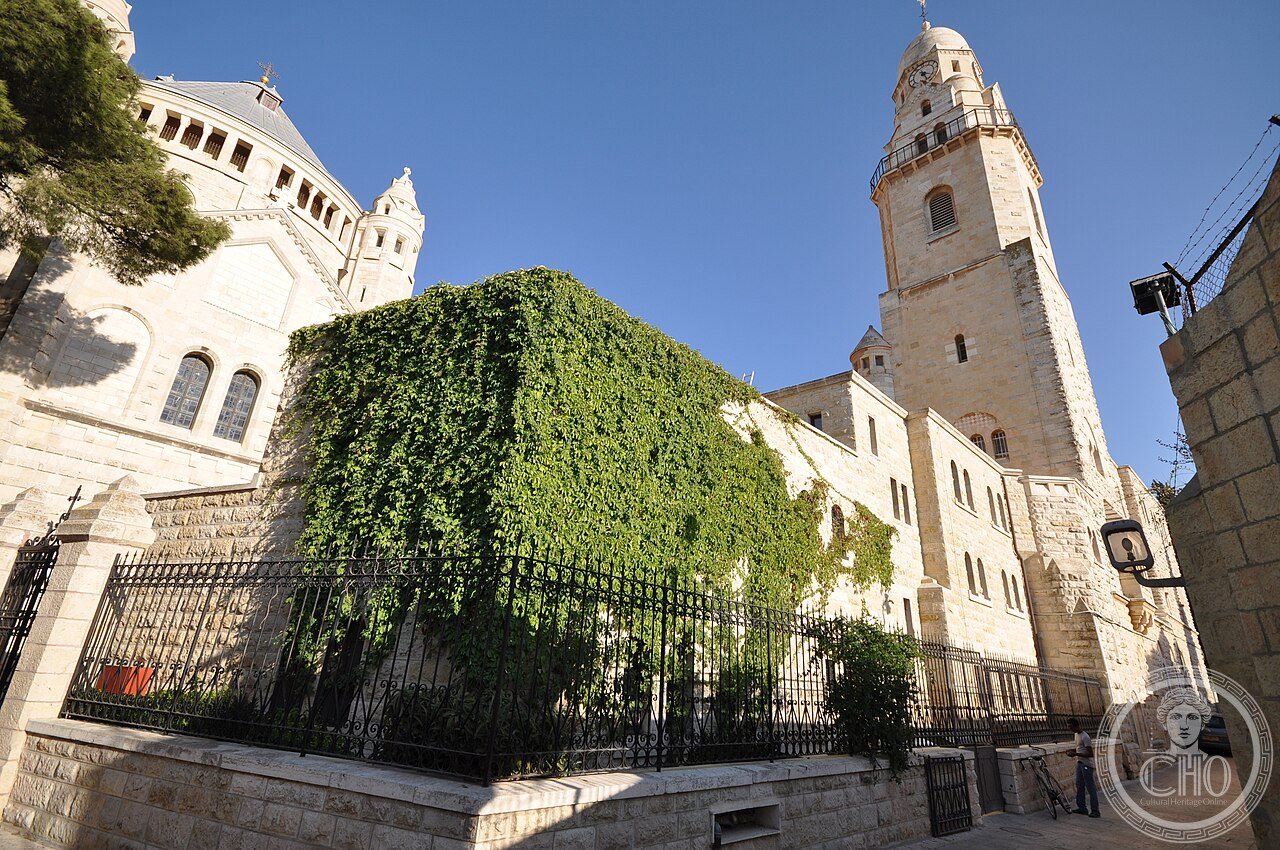Dormition Abbey on Mount Zion, Jerusalem, a Romanesque Revival German Benedictine church built 1900-1910 on the traditional site of the Virgin Mary's dormition, its bell tower positioned to avoid casting a shadow over King David's Tomb