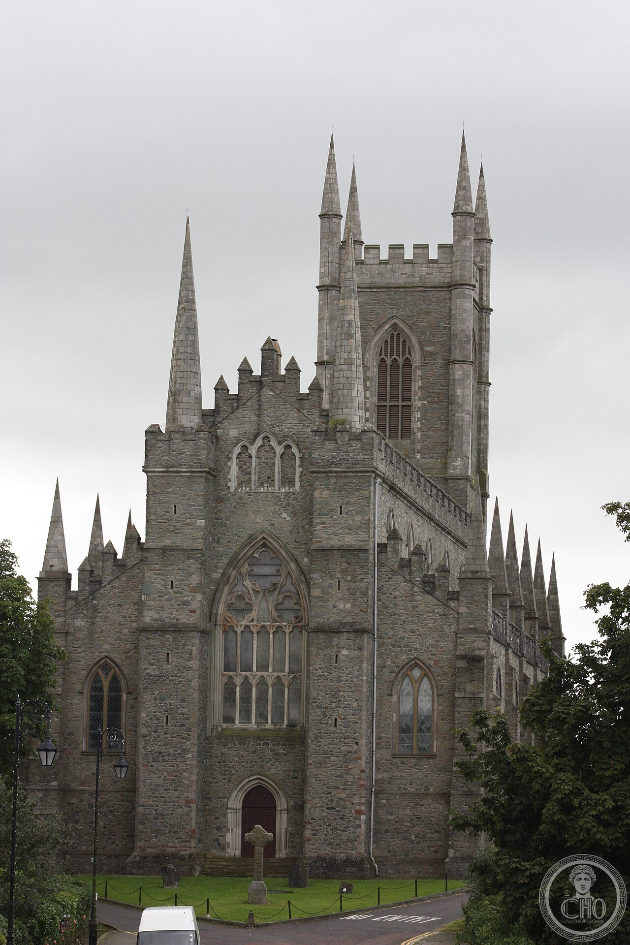 Down Cathedral in Downpatrick, Northern Ireland, traditional burial place of Saint Patrick and, according to legend, also Saint Brigid and Saint Columba, marked by a granite slab placed in 1900