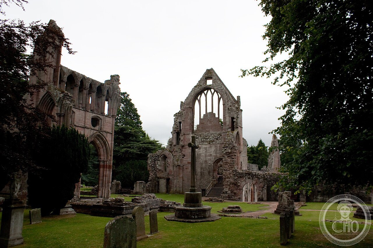 Ruins of Dryburgh Abbey on the banks of the River Tweed in the Scottish Borders, founded 1150 for Premonstratensian canons and now the burial site of novelist Sir Walter Scott and Field-Marshal Earl Haig