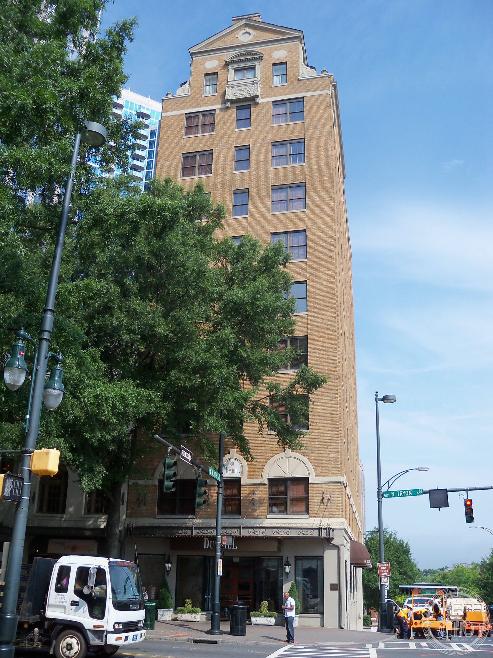 Dunhill Hotel exterior at 237 N. Tryon Street, Charlotte — Art Deco facade of Charlotte's oldest hotel
