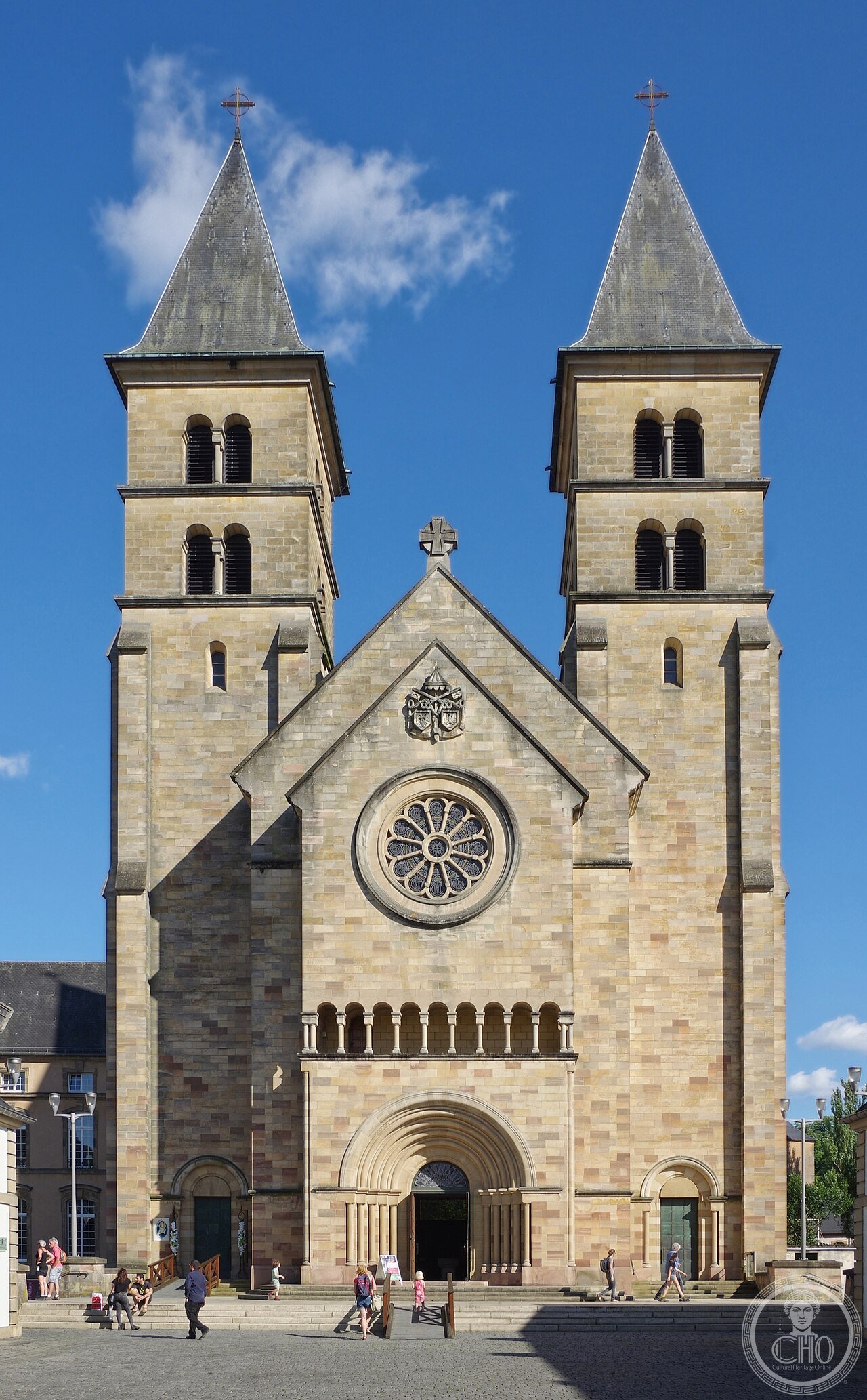 Basilica of St Willibrord, Echternach Abbey, Luxembourg, founded 698 AD by the English missionary Willibrord, whose tomb is the destination of Europe's last surviving traditional dancing procession, held every Whit Tuesday since at least 1100