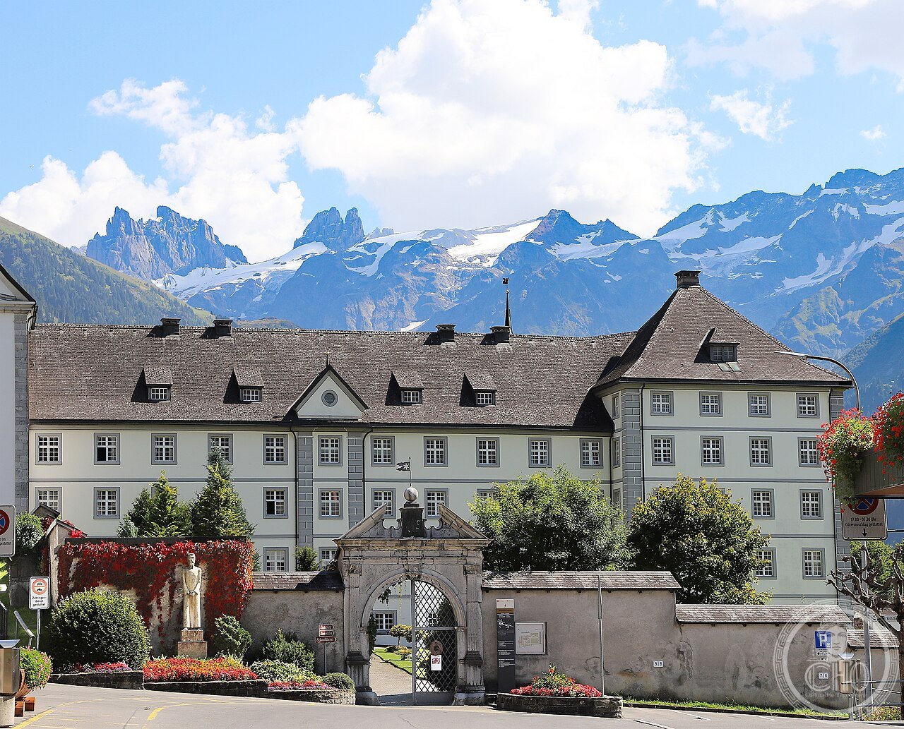 Engelberg Abbey, Switzerland, a Benedictine monastery founded 1120 at the foot of Mount Titlis, its name meaning 'Mount of Angels' after a legend of celestial forces pointing out the site