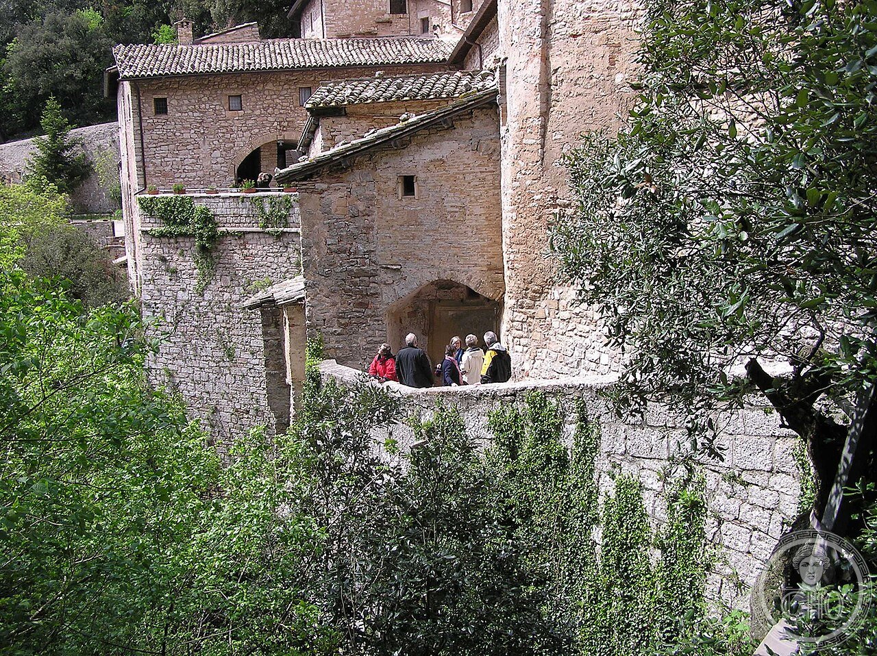 Exterior of the Eremo delle Carceri hermitage on Monte Subasio near Assisi, Italy, donated to Saint Francis in 1215 as a place of solitary retreat and prayer