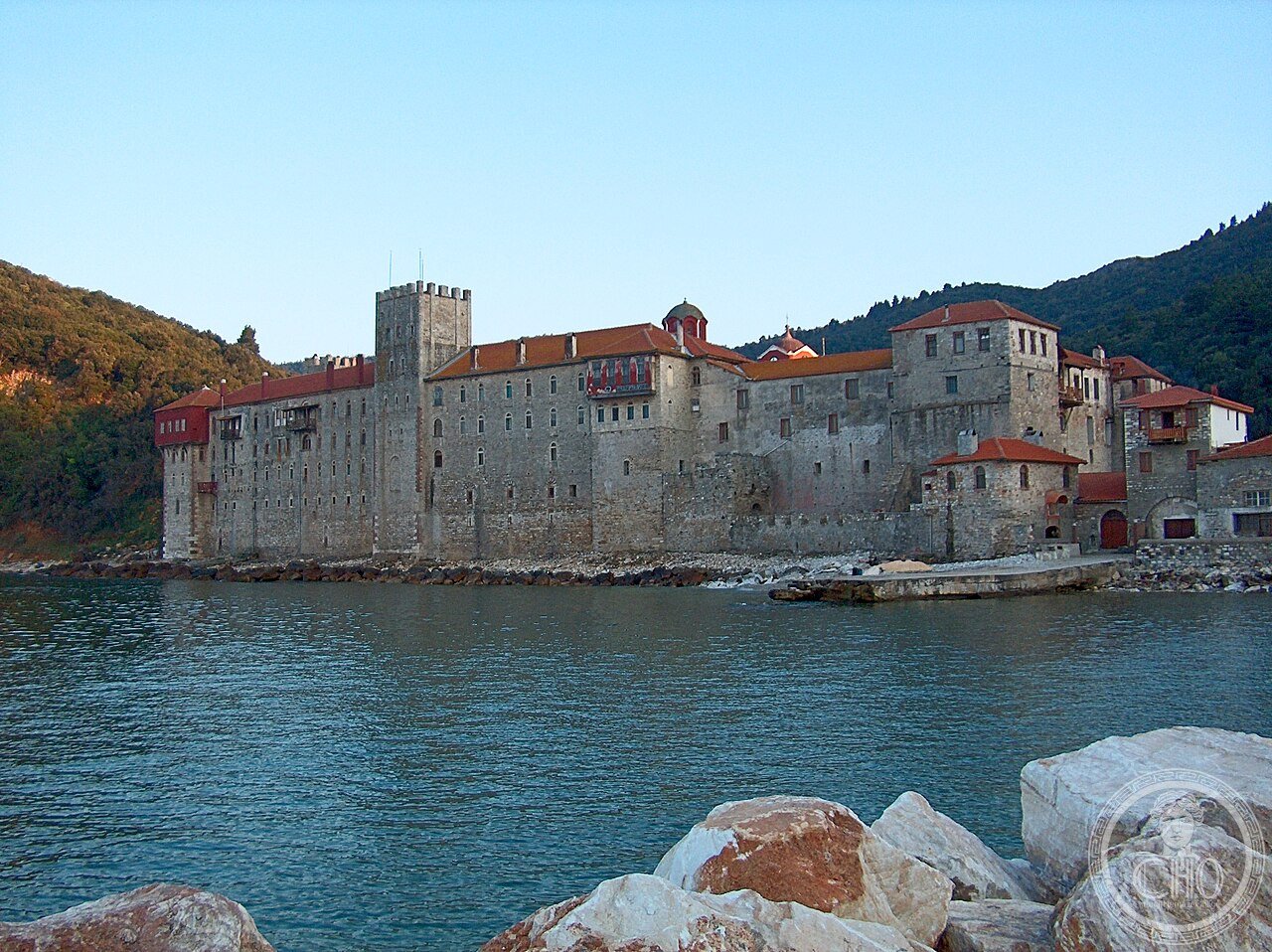 Esphigmenou Monastery on Mount Athos, Greece, the northernmost Athonite monastery, squeezed between hills and the sea, whose brotherhood has been in schism from the Ecumenical Patriarchate since 1972