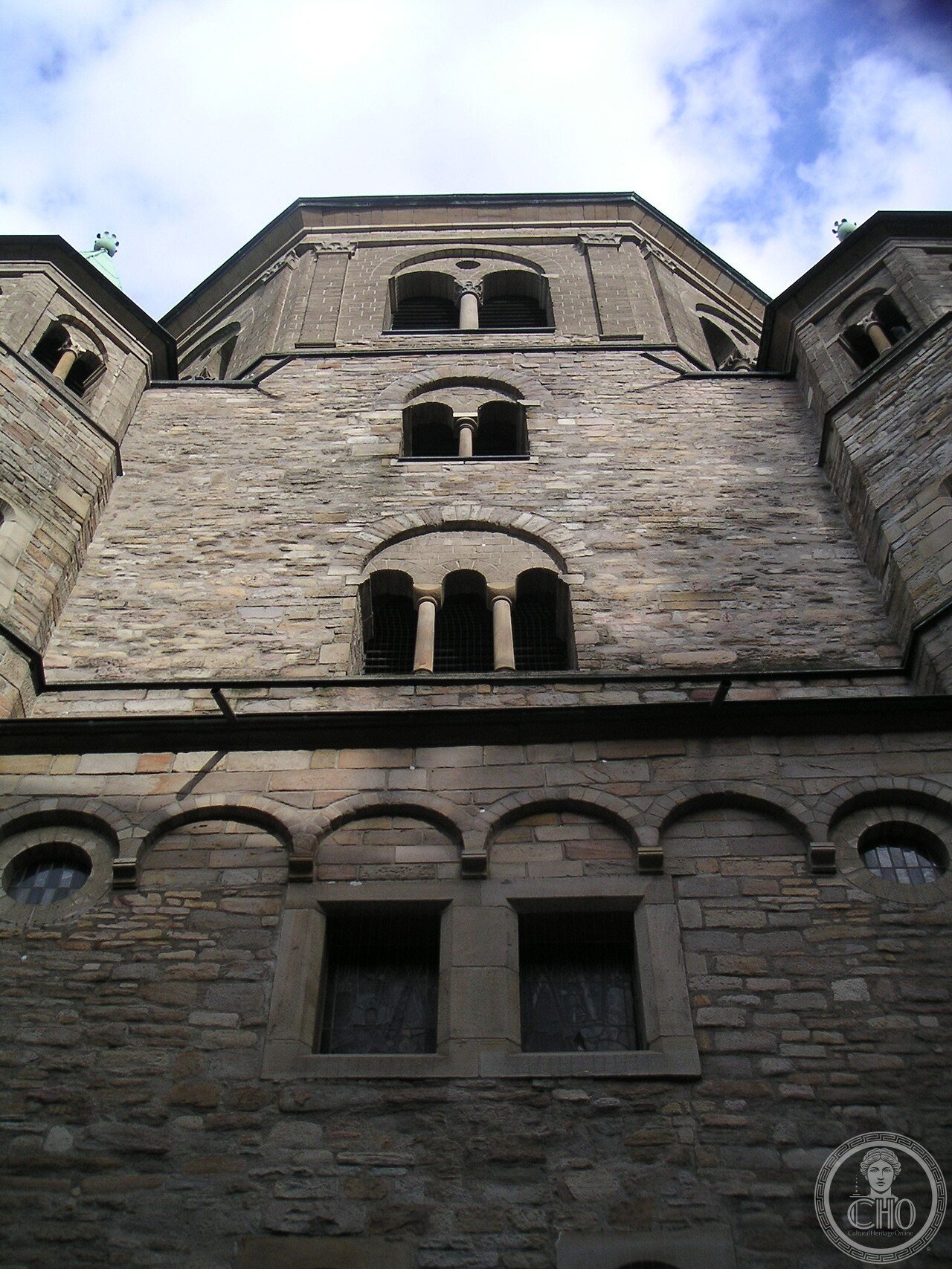 Westwork of Essen Minster (Essen Cathedral), Germany, founded c. 845 as the church of a community of secular canonesses, holding the Golden Madonna of c. 980, the oldest fully sculptural figure of Mary in the world
