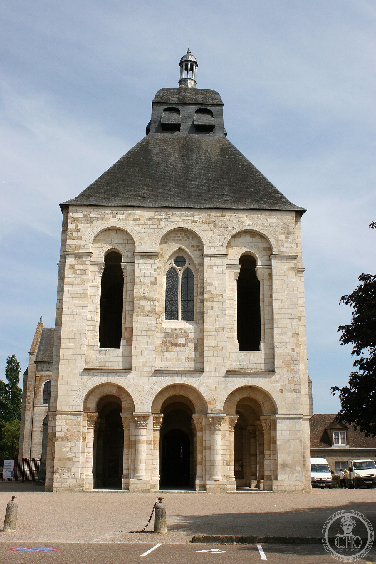 Porch tower of Fleury Abbey, Saint-Benoît-sur-Loire, France, founded c. 640, said to hold the relics of Saint Benedict of Nursia brought from a ruined Monte Cassino around 672, a claim Monte Cassino's own monks still dispute