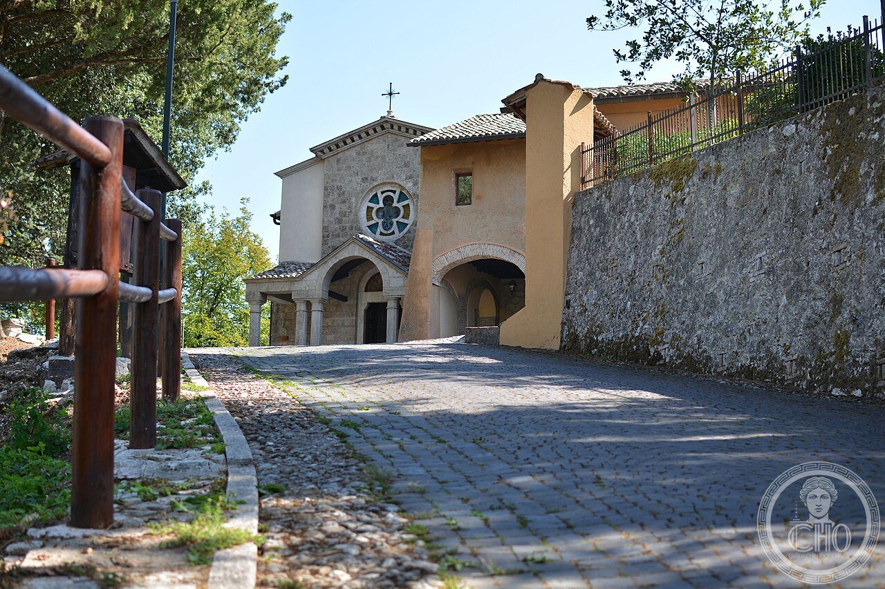 Panoramic exterior view of the Sanctuary of Fonte Colombo near Rieti, Italy, where Saint Francis wrote the definitive Rule of the Franciscan Order in 1223 and underwent eye cauterization in 1225