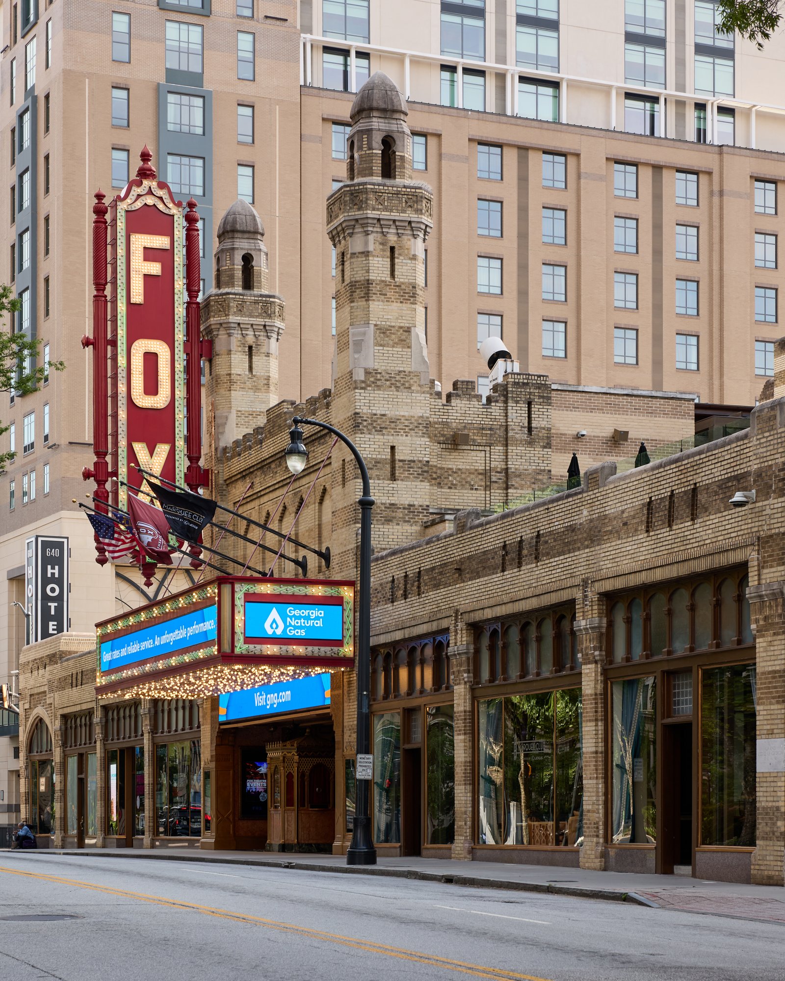 Fox Theatre Atlanta exterior, Art Deco Moorish Revival facade on Peachtree Street