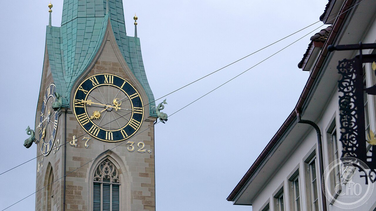 Exterior of the Fraumünster church in Zurich, Switzerland, founded 853 as a convent for aristocratic women whose abbesses once ruled the city, now famous for its 1970 stained-glass windows by Marc Chagall
