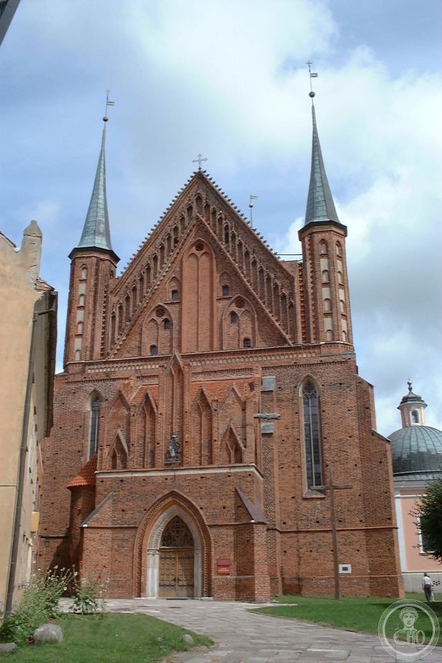 Frombork Cathedral in Poland, built 1329-1388, where astronomer Nicolaus Copernicus worked as a canon and was buried in an unmarked grave, his remains only positively identified in 2005-2008 through DNA matching to hairs found in one of his books