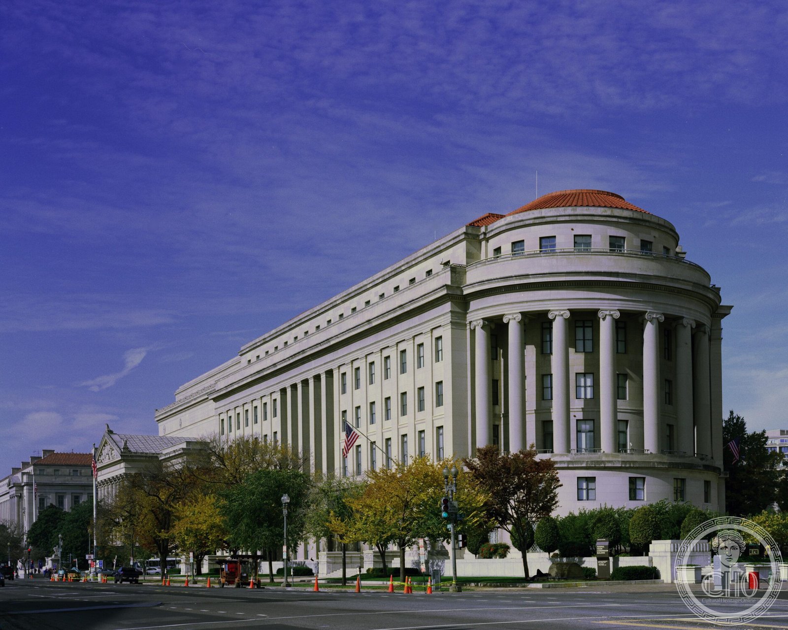 Federal Trade Commission Apex Building at Pennsylvania Avenue and Constitution Avenue NW, Washington DC — triangular Classical Moderne building, 1938, Michael Lantz Man Controlling Trade sculptures