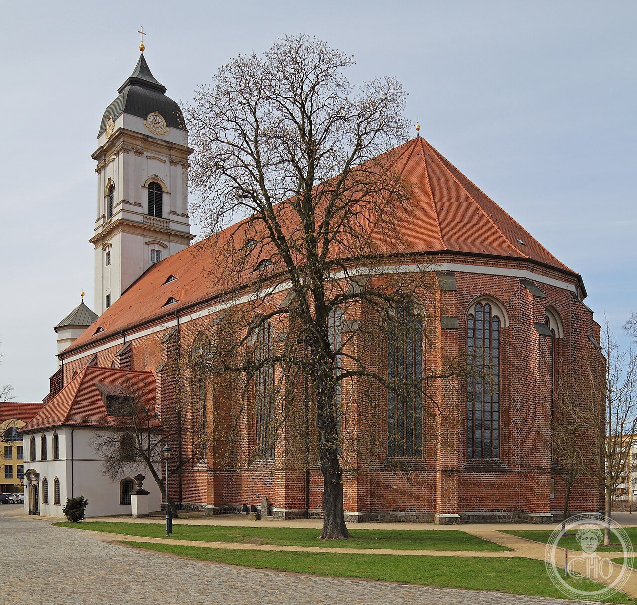 Exterior of Fürstenwalde Cathedral (Dom St. Marien), Brandenburg, Germany, a brick Gothic cathedral rebuilt after Hussite destruction in 1432, reduced to rubble in WWII and fully restored by 1995