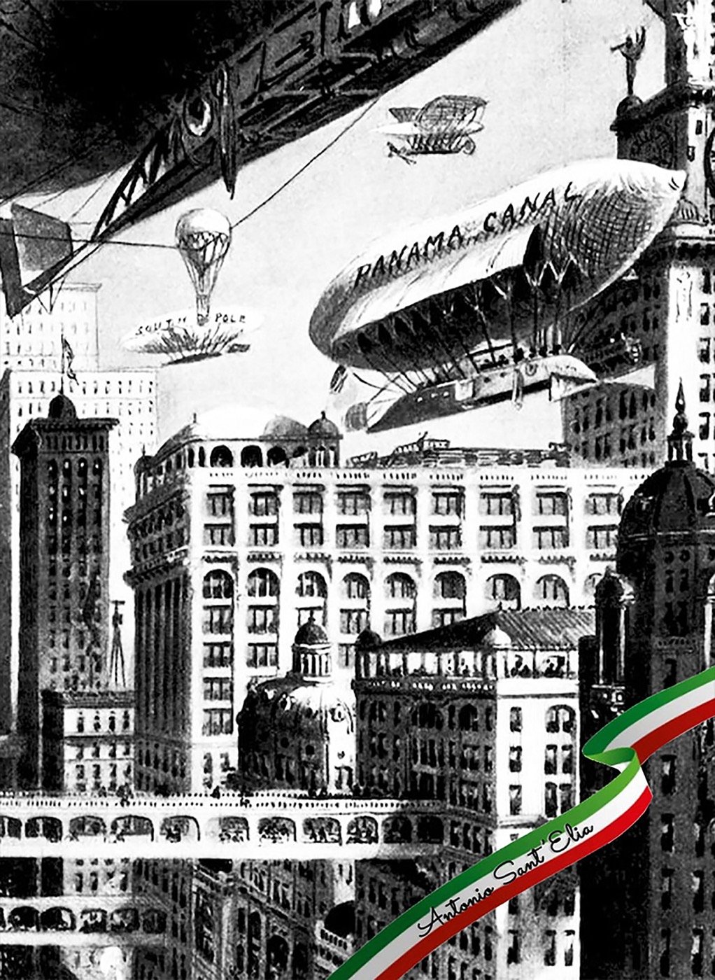 Editorial graphic of a Futurist city with skyscrapers, airships and aircraft, inspired by Antonio Sant'Elia