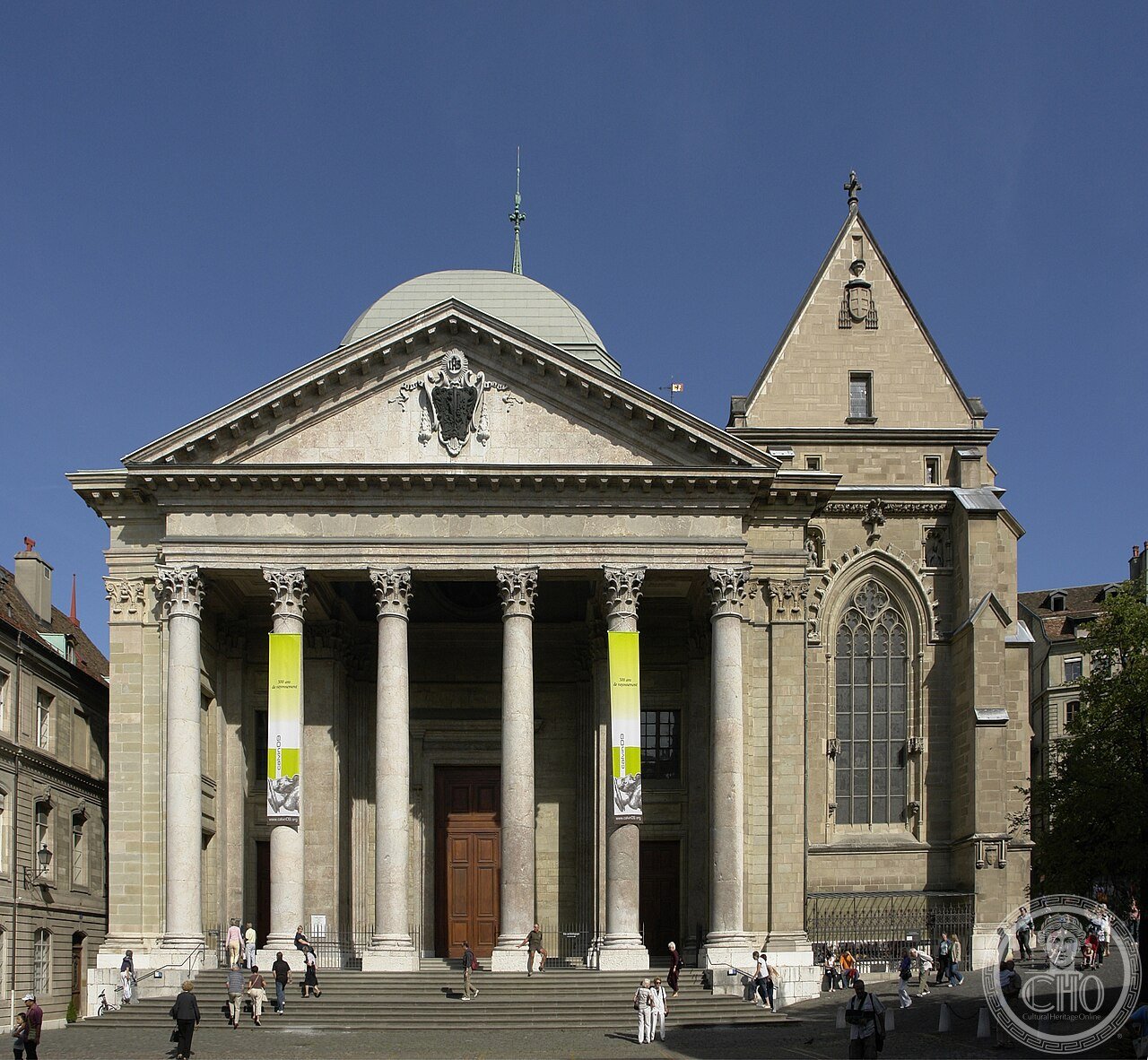 Facade of St. Pierre Cathedral, Geneva, Switzerland, built 1160-1230 in Gothic style, the church of John Calvin from 1541 until his death in 1564, with a wooden chair he sat in still preserved inside