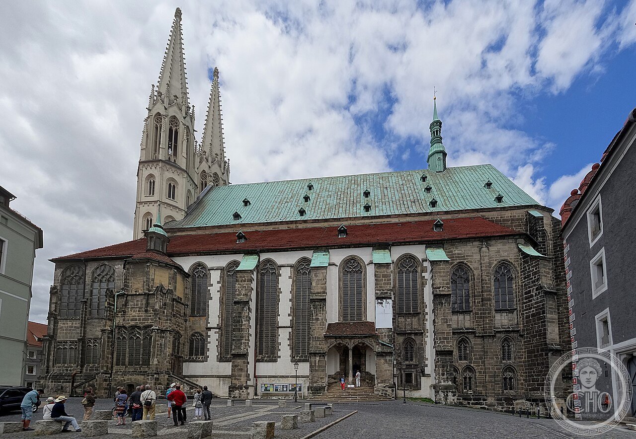 Exterior of St. Peter and Paul church (Peterskirche), Görlitz, Germany, a five-aisled Gothic hall church rebuilt from 1423, the oldest and largest church in Saxony, holding the 1697 Sun Organ with 17 golden pipe suns