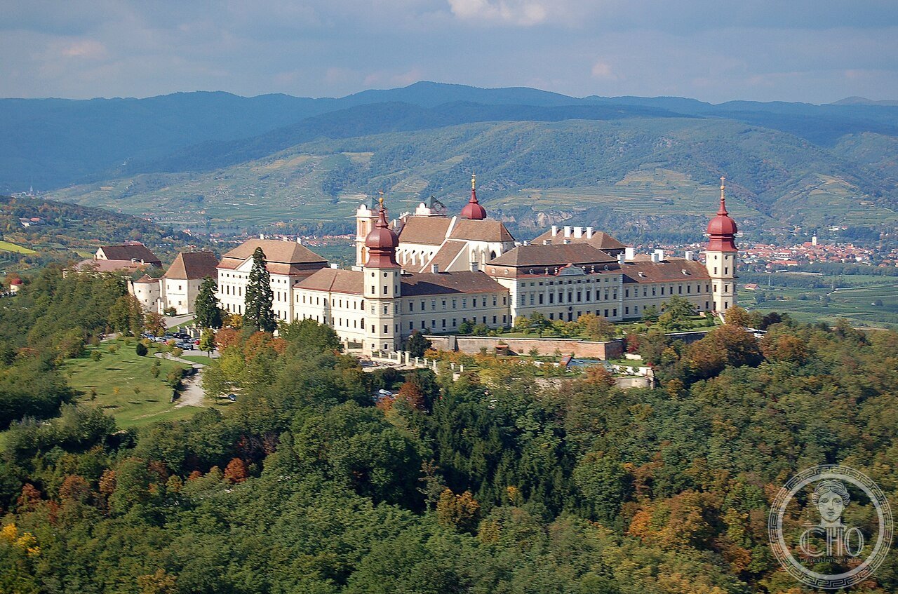 Aerial view of Göttweig Abbey, Lower Austria, founded 1083, rebuilt in Baroque style after a 1718 fire, part of the UNESCO Wachau Cultural Landscape