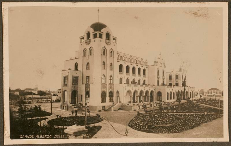 The Grande Albergo delle Rose in Rhodes in 1928, a grand hotel mixing Venetian, Byzantine and Arab motifs on the seafront