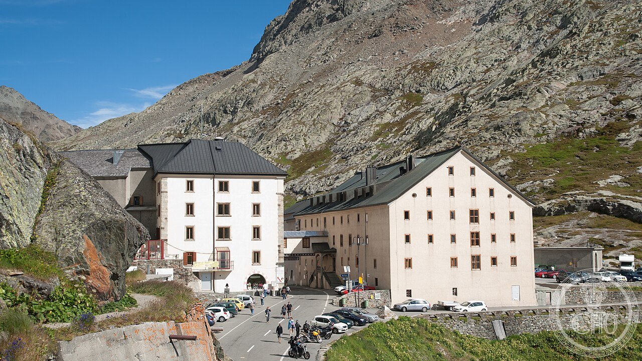 Great St Bernard Hospice, Switzerland, founded c. 1050 by Bernard of Menthon at 2,469 metres on the Alpine pass between Italy and Switzerland, birthplace of the St Bernard rescue dog breed that saved about 2,000 travellers