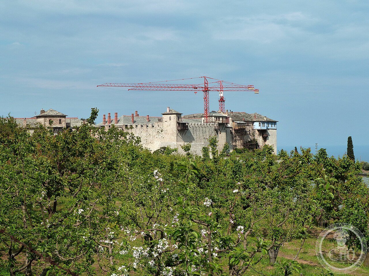 Great Lavra Monastery on Mount Athos, Greece, founded 963 by Saint Athanasius the Athonite, the oldest and first-ranked of the twenty Athonite monasteries, whose founder died when the dome of his own church collapsed around him