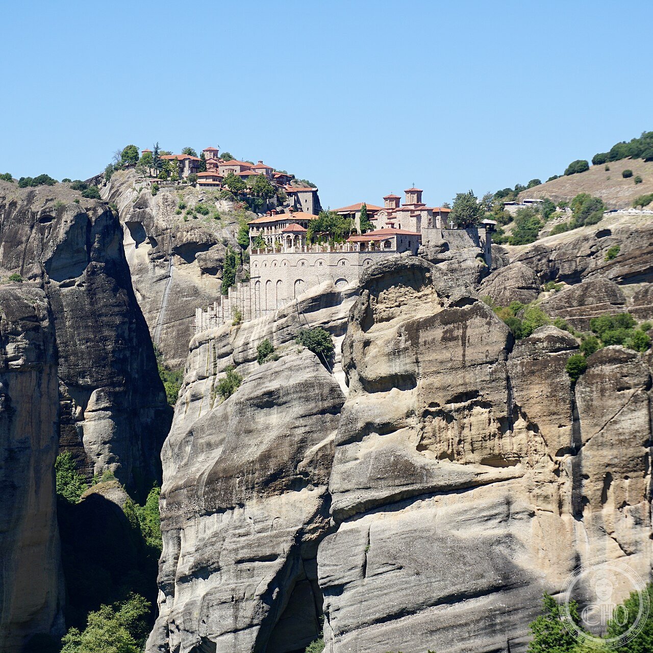 Great Meteoron Monastery, the largest and highest of Meteora's monasteries, Greece, founded c. 1340 by Athanasios and later ruled for 50 years by a former king of Thessaly who became the monk Ioasaph