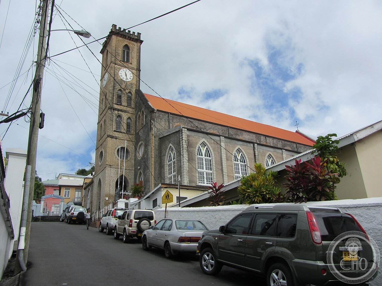 Cathedral of the Immaculate Conception in St. George's, Grenada, Gothic Revival, restored after Hurricane Ivan stripped its entire roof in September 2004, leaving only the bell tower intact