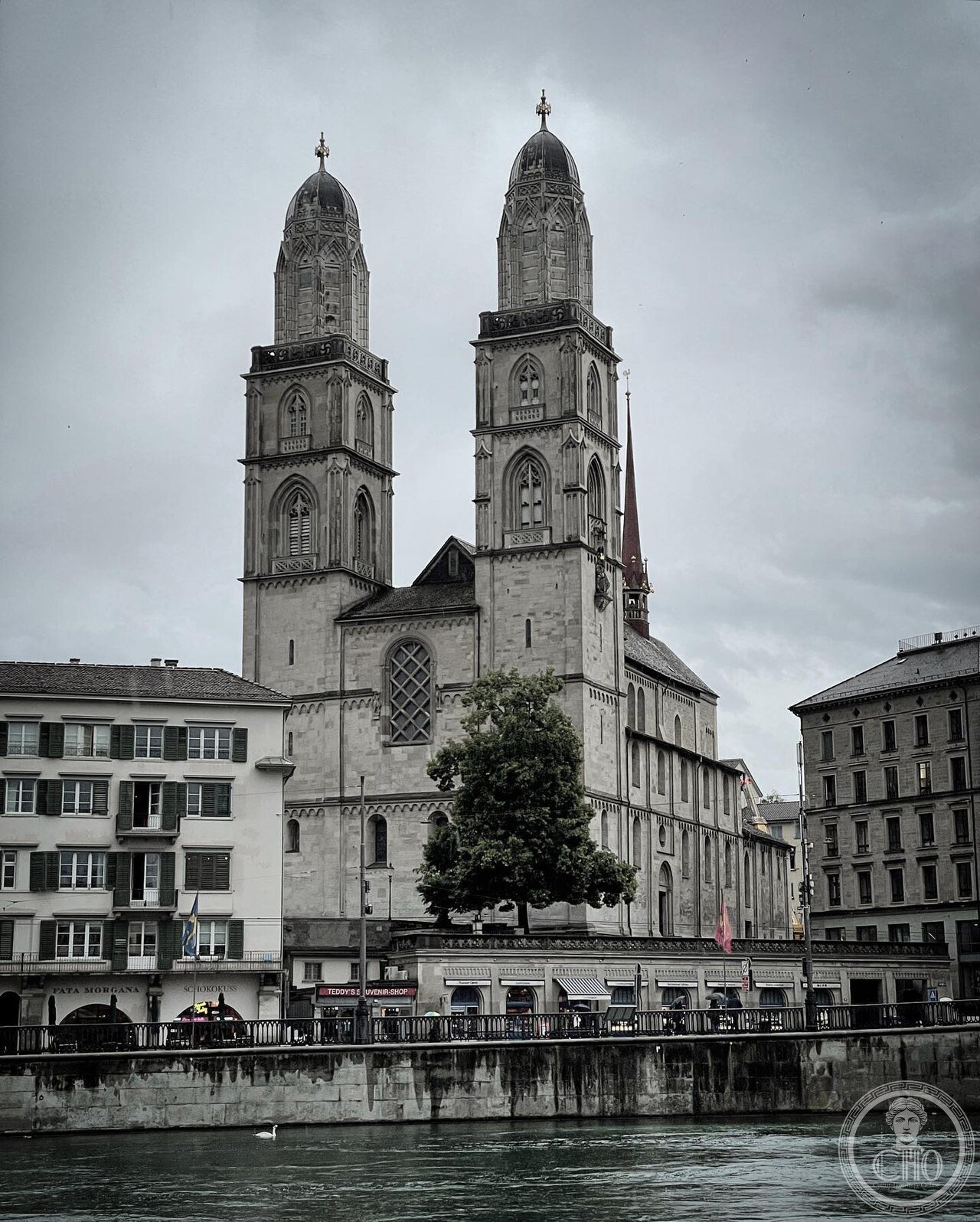 Exterior of the Grossmünster church in Zurich, Switzerland, with its twin towers, built 1100-1220 on the legendary site of Charlemagne's kneeling horse and the launch site of the Swiss Reformation