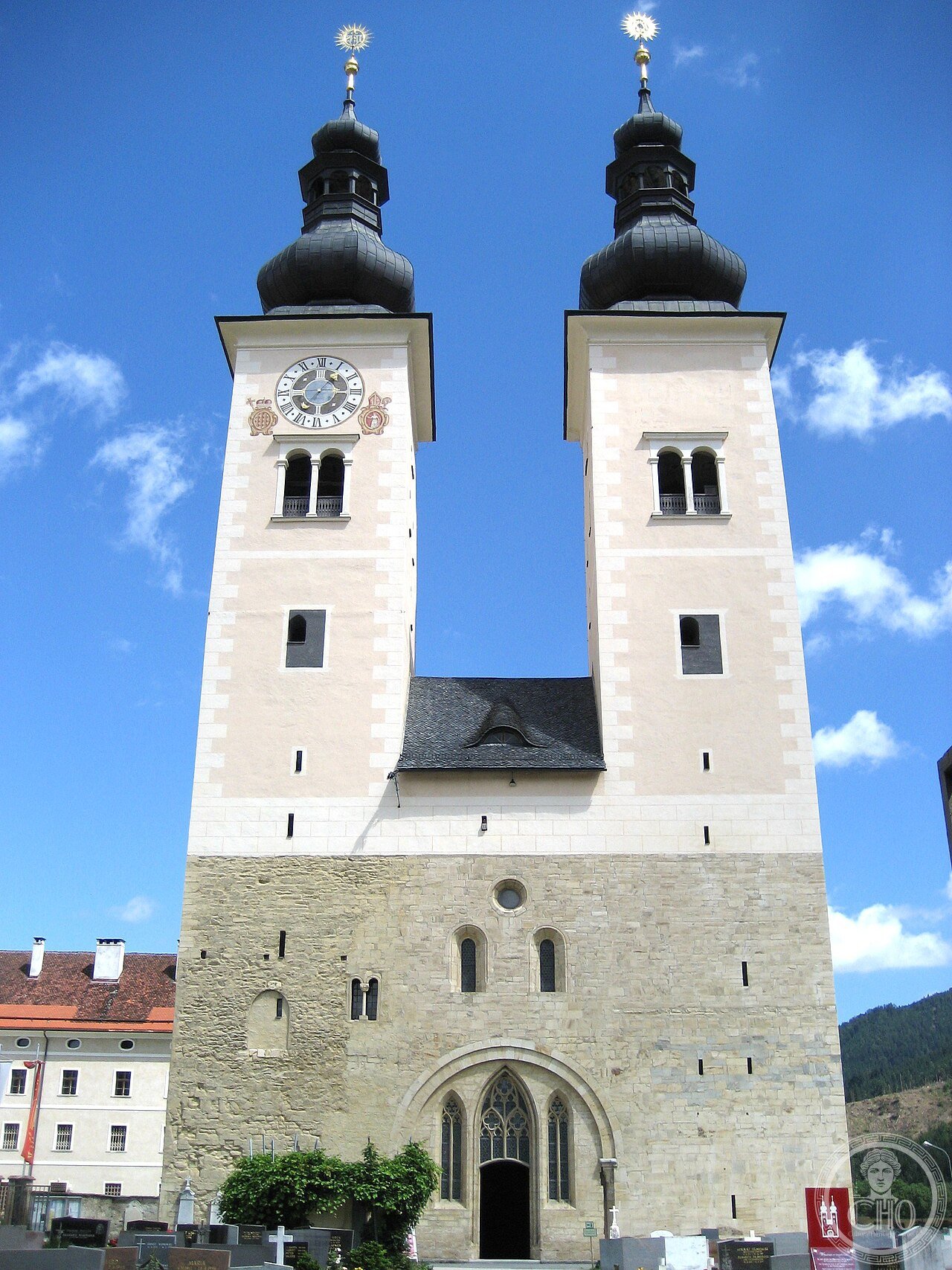 Facade of Gurk Cathedral, Carinthia, Austria, the most significant Romanesque building in Austria, built 1140-1200, with a crypt resting on 100 columns known as the forest of stone