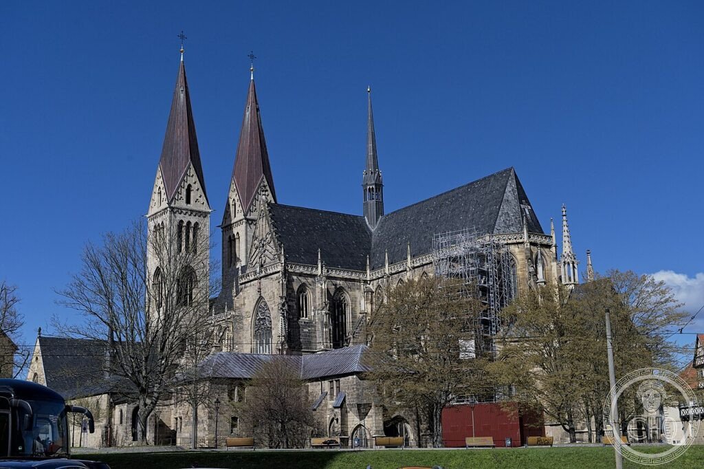 Exterior of Halberstadt Cathedral, Saxony-Anhalt, Germany, with its twin towers over 91 metres tall, holding one of the richest medieval church treasuries in the world including relics from the Fourth Crusade