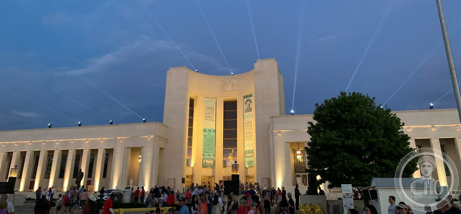 Hall of State Art Deco facade illuminated during the State Fair of Texas, Fair Park Dallas