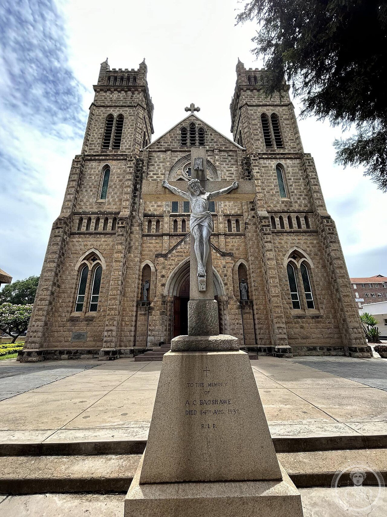 Cathedral of the Sacred Heart in Harare, Zimbabwe, a Gothic Revival Roman Catholic cathedral built 1924-1925 with twin towers, cast-stone masonry, and concrete pointed arches