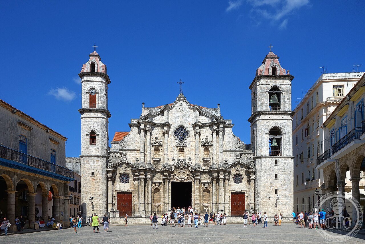 Havana Cathedral in Old Havana, Cuba, a Cuban Baroque church with a distinctive asymmetrical facade of two unequal bell towers, built of coral stone and once the resting place of remains believed to be Christopher Columbus's