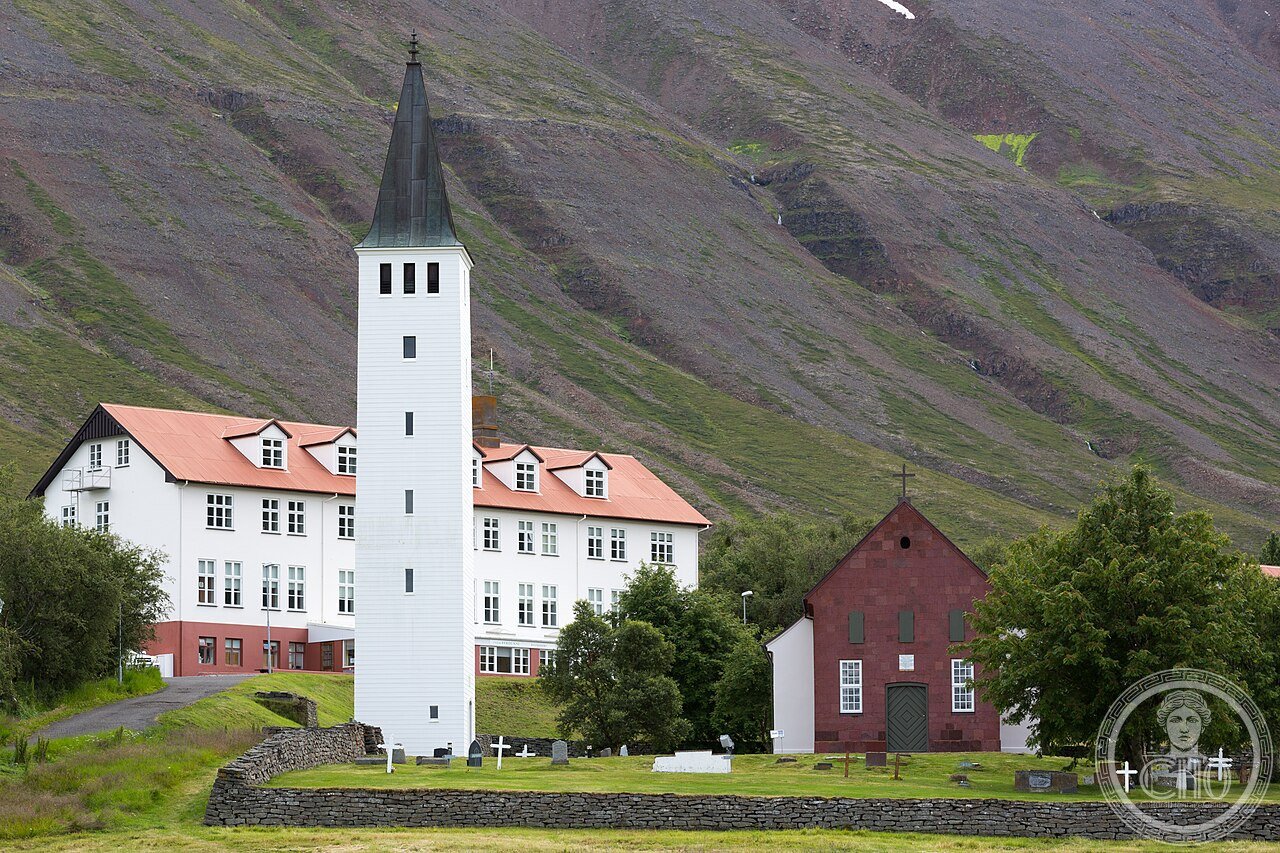 Exterior of Hólar Cathedral in northern Iceland, built of red sandstone 1757-1763, the country's oldest stone church and former seat of Jón Arason, Iceland's last Catholic bishop