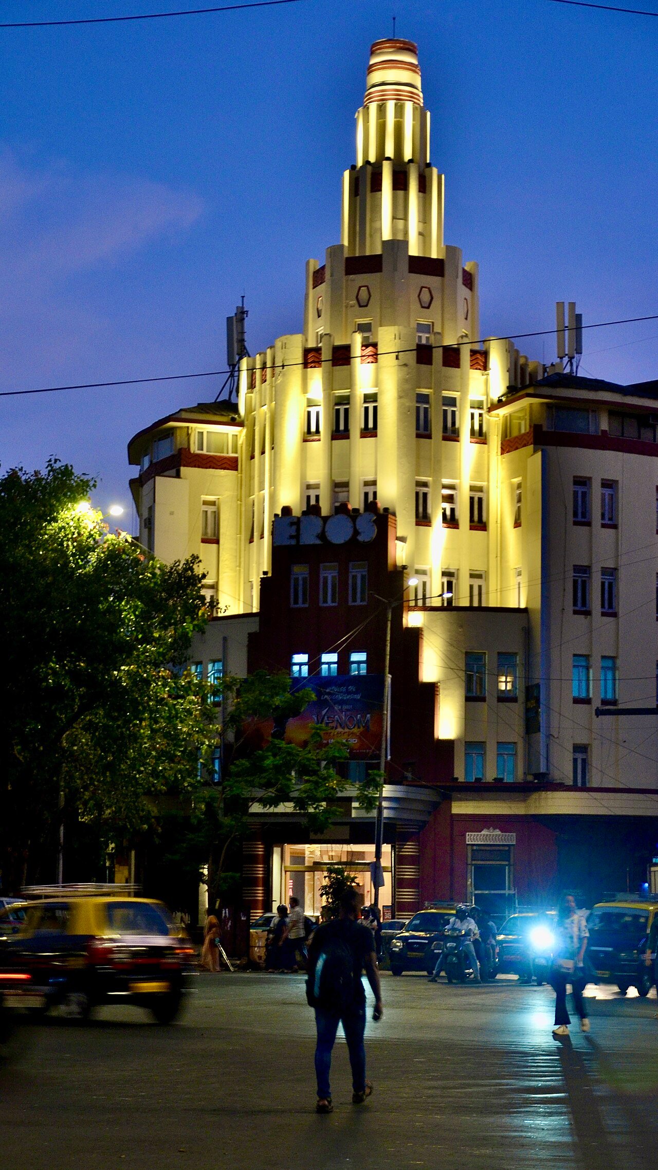 The Art Deco facade of Eros Cinema in Churchgate, Mumbai, in cream and red sandstone