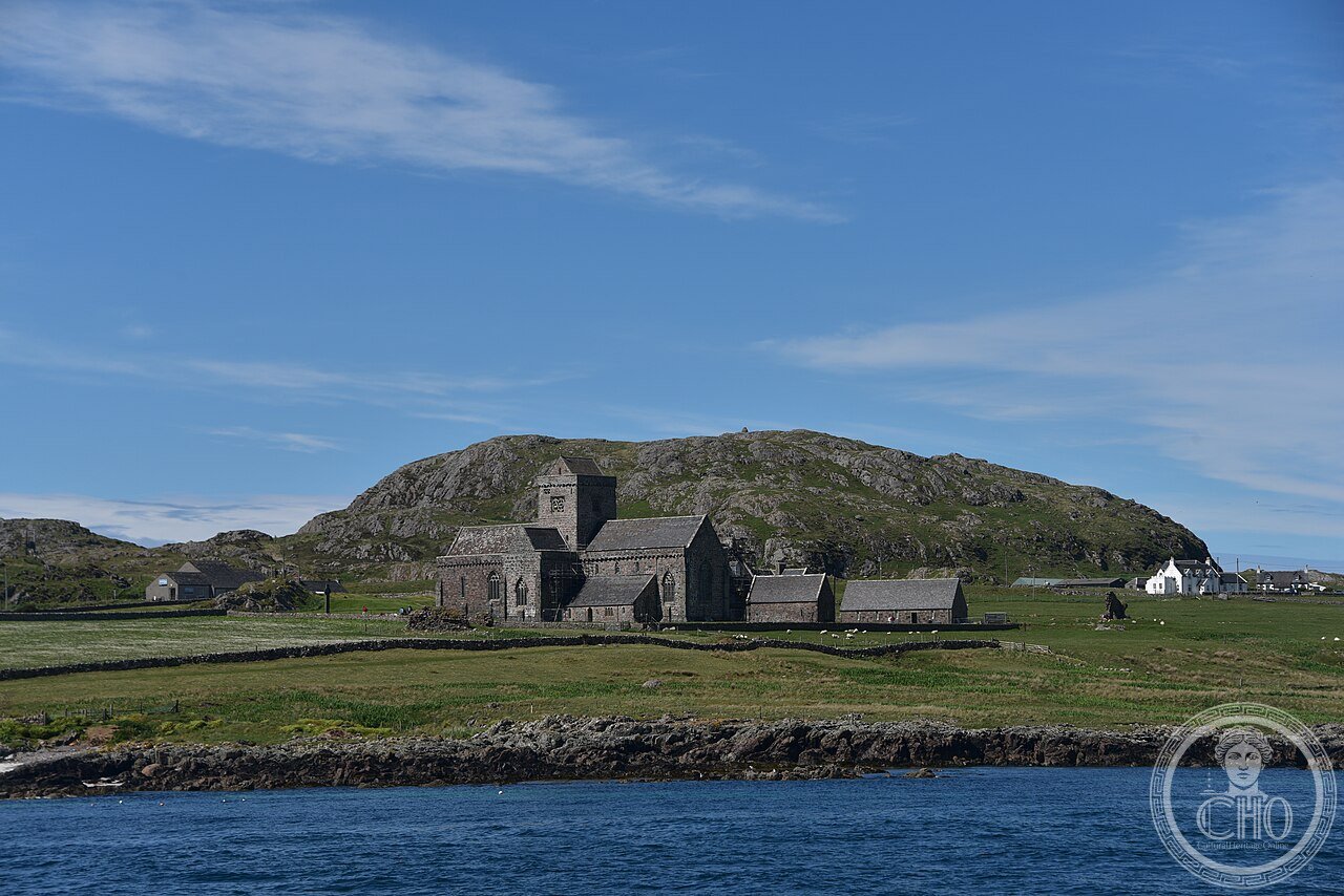 Iona Abbey on the Scottish island of Iona, founded 563 by Saint Columba, cradle of Scottish Christianity, traditional burial site of up to 48 early Scottish, Irish, and Norwegian kings, and possible birthplace of the Book of Kells