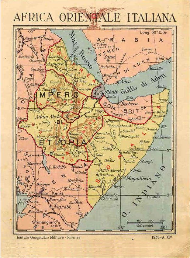 Map of Italian East Africa in 1936, showing the six governorates of the empire