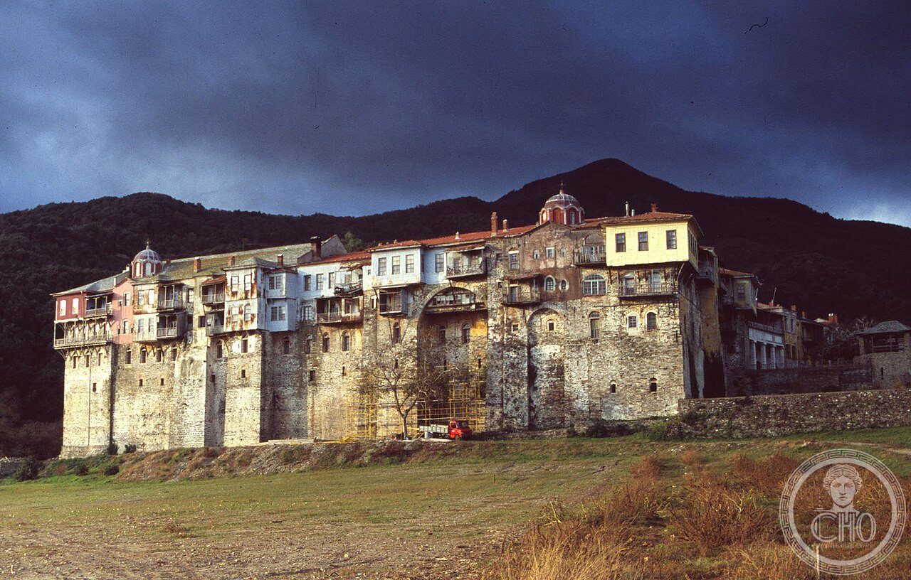 Iviron Monastery on Mount Athos, Greece, founded around 980 by Georgian monks, home to the Panagia Portaitissa icon that repeatedly moved itself to the monastery gate after arriving miraculously by sea in 1004