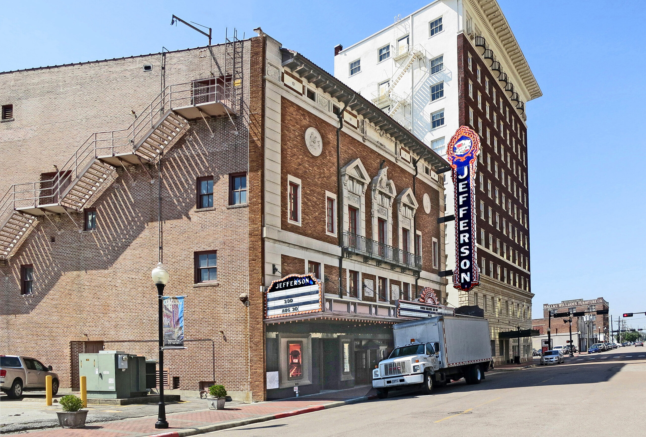 Jefferson Theatre facade in downtown Beaumont Texas, atmospheric movie palace exterior