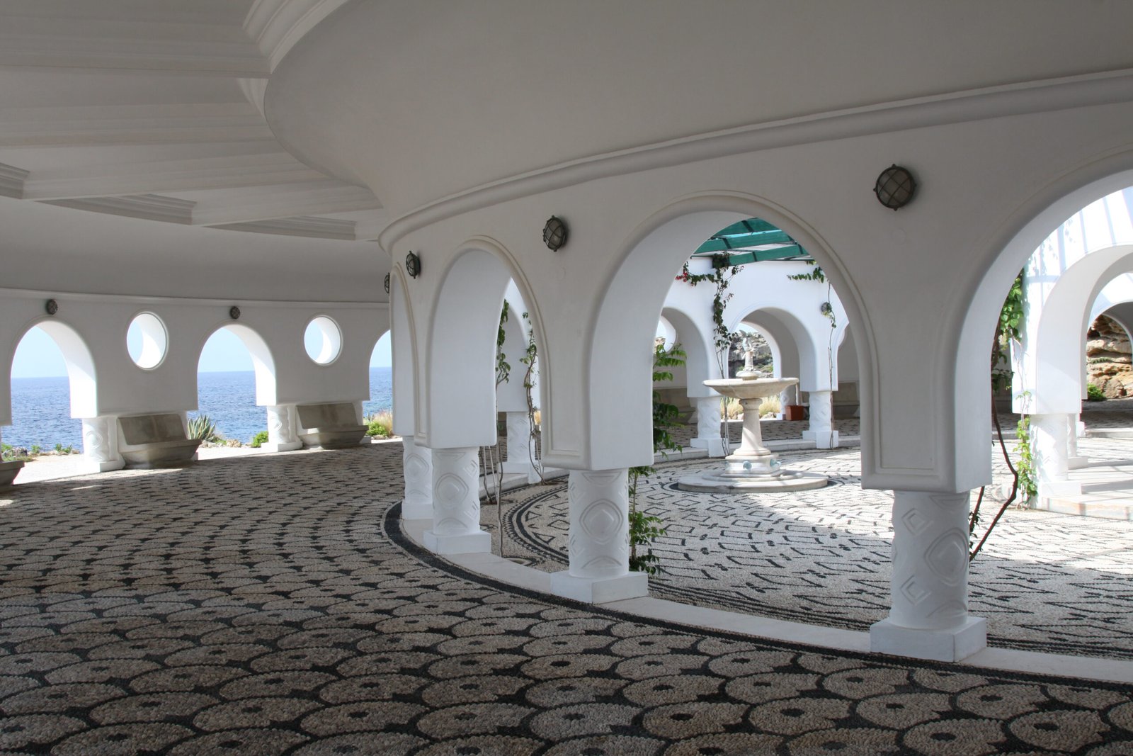 Arcaded rotunda of Kallithea Springs with pebble mosaic floor and sea view