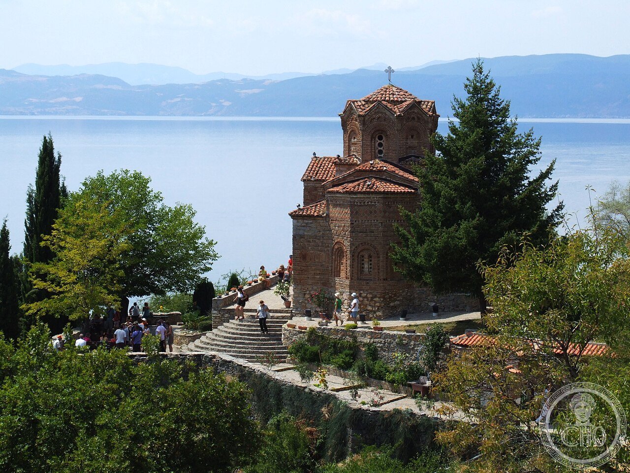 The Church of St. John at Kaneo perched on a cliff over Lake Ohrid in North Macedonia, built around the 13th century in a unique blend of Byzantine and Armenian architectural styles