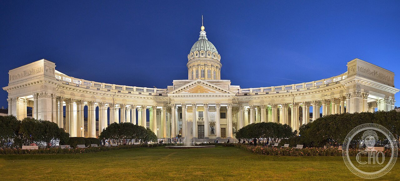 Kazan Cathedral in St. Petersburg, Russia, its sweeping semicircular colonnade modeled on Bernini's St. Peter's Square, built 1801-1811 to house the venerated Kazan Icon of the Mother of God
