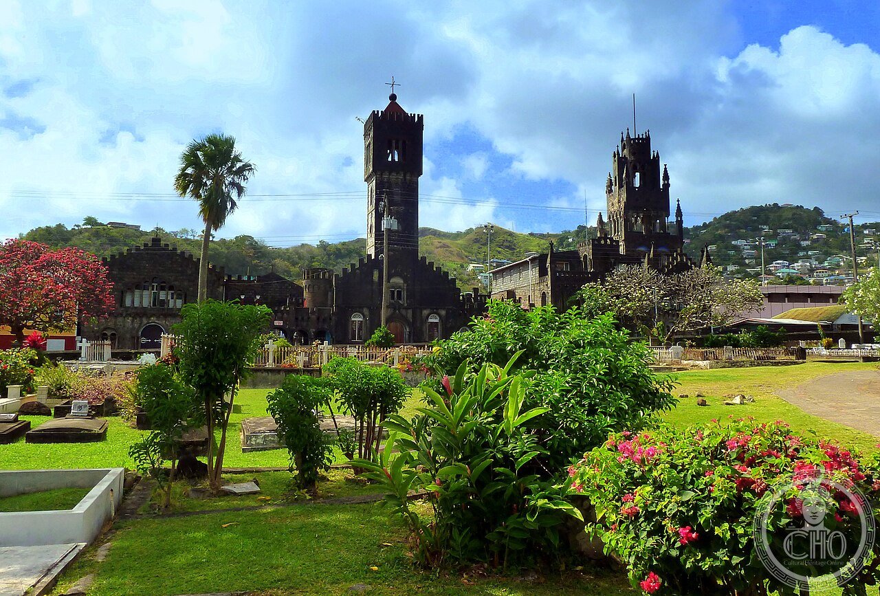 Cathedral of the Assumption in Kingstown, St. Vincent and the Grenadines, built in stages from 1823 to the 1930s by successive builders who each added Flemish, Moorish, Venetian, Byzantine and Romanesque elements