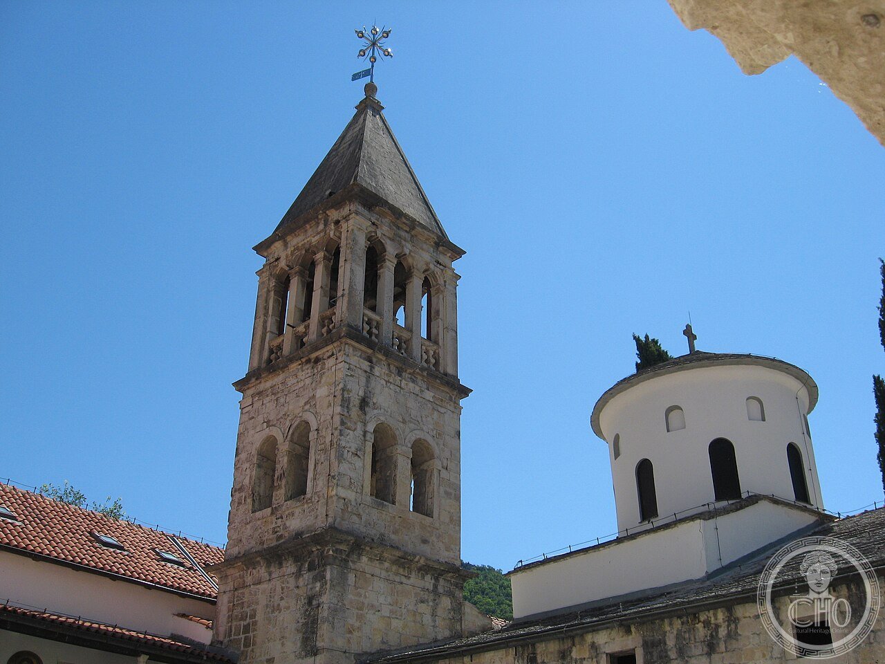 Krka Monastery in Croatia, a 16th-century Serbian Orthodox monastery built over a medieval Gothic-Romanesque church and Roman catacombs bearing early Christian graffiti possibly from the 1st century