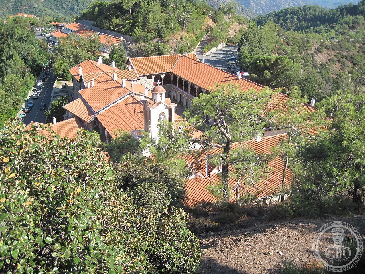 Aerial view of Kykkos Monastery in the Troodos Mountains, Cyprus, founded in the late 11th century, home to an icon of the Virgin attributed to Saint Luke that has remained permanently covered since 1669