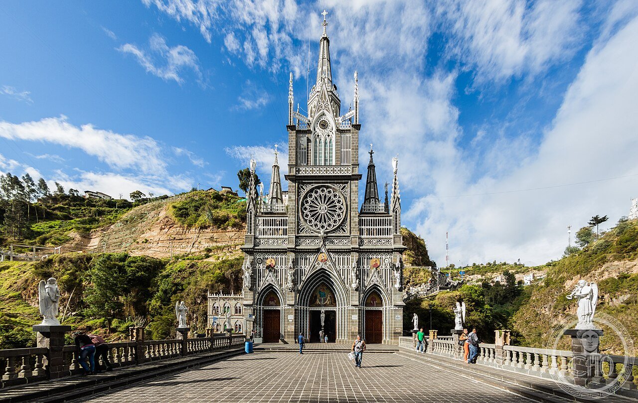 Las Lajas Sanctuary near Ipiales, Colombia, a Neo-Gothic basilica built on a bridge spanning the Guáitara River canyon, rising 100 metres from the canyon floor over the rock where an apparition of the Virgin Mary was reported in 1754