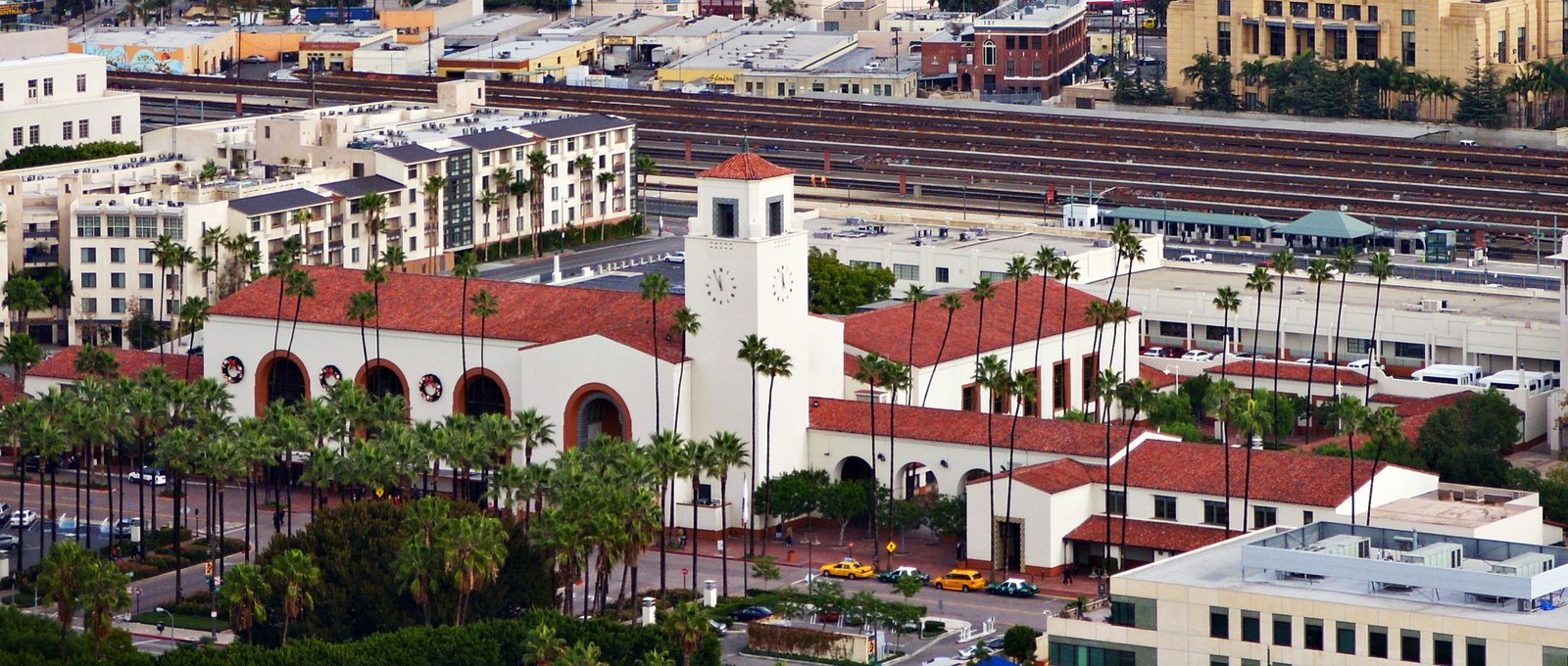 Los Angeles Union Station exterior facade, Spanish Colonial Revival and Streamline Moderne architecture