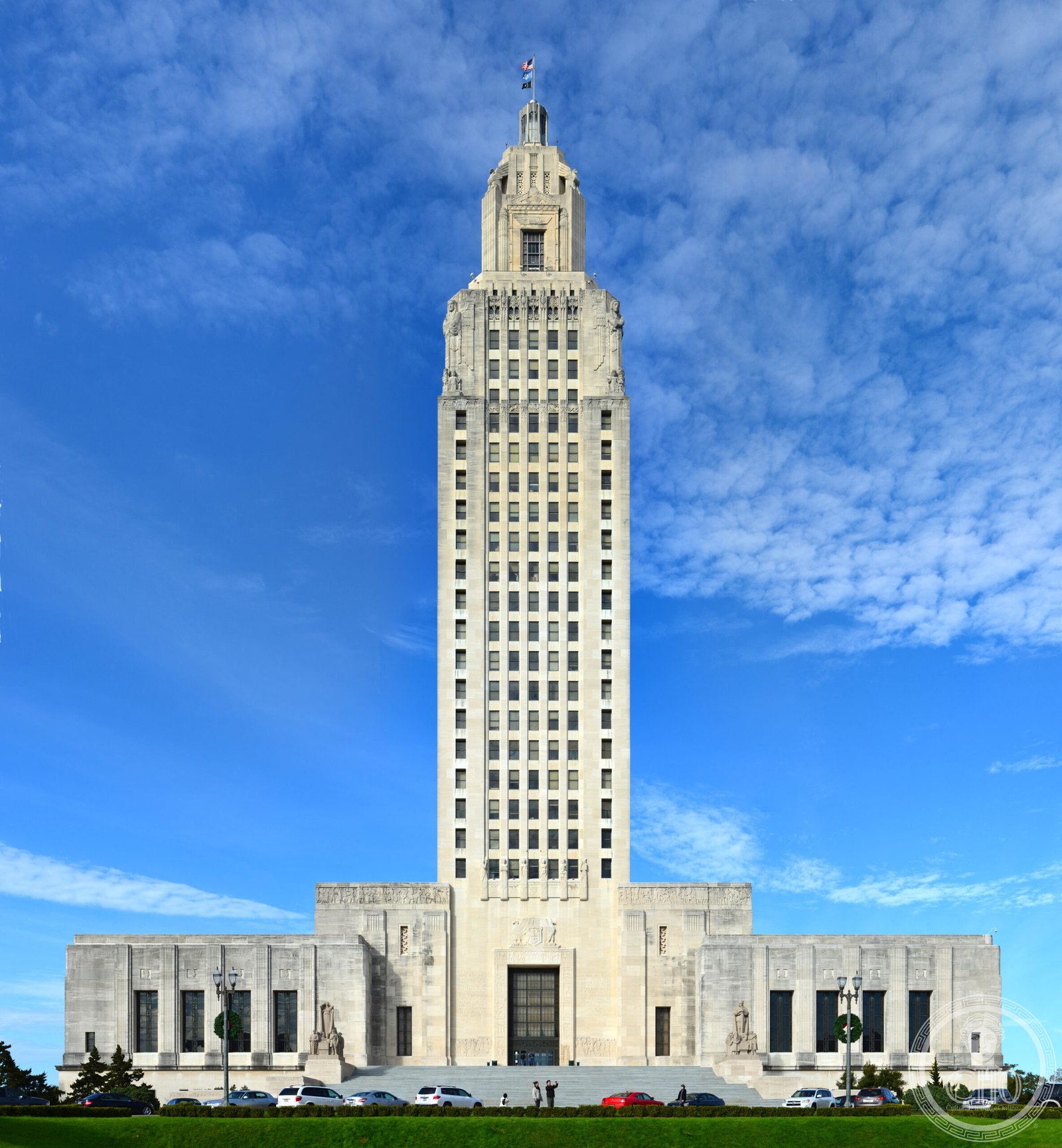 Louisiana State Capitol Building, Baton Rouge — Art Deco skyscraper tower rising above the Mississippi River plain, tallest state capitol in the United States