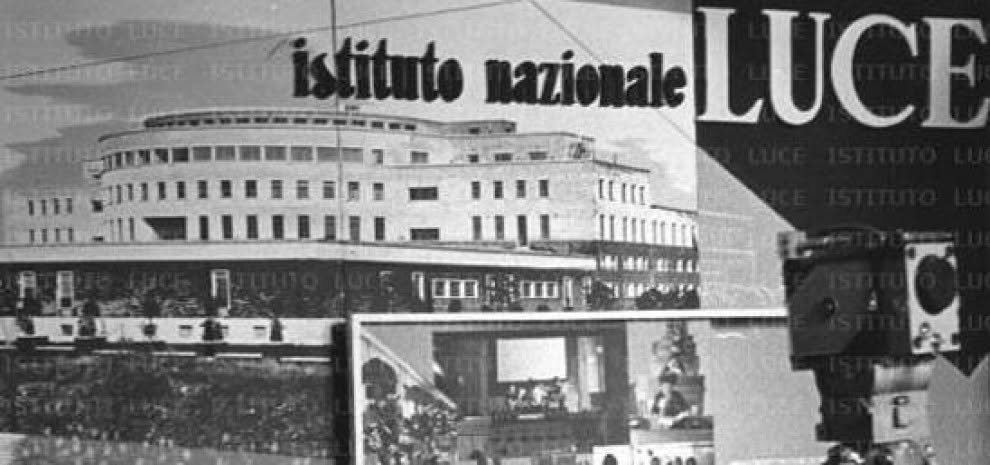 Period composition from the Luce archive: the sign istituto nazionale LUCE, a rationalist building and a film camera