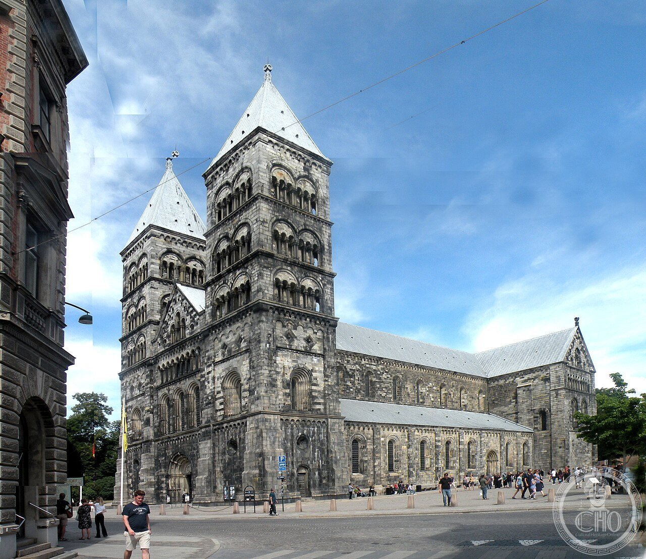 Exterior of Lund Cathedral in Sweden with its distinctive twin towers, founded 1085 and dedicated 1145, the most powerful Romanesque building in the Nordic countries