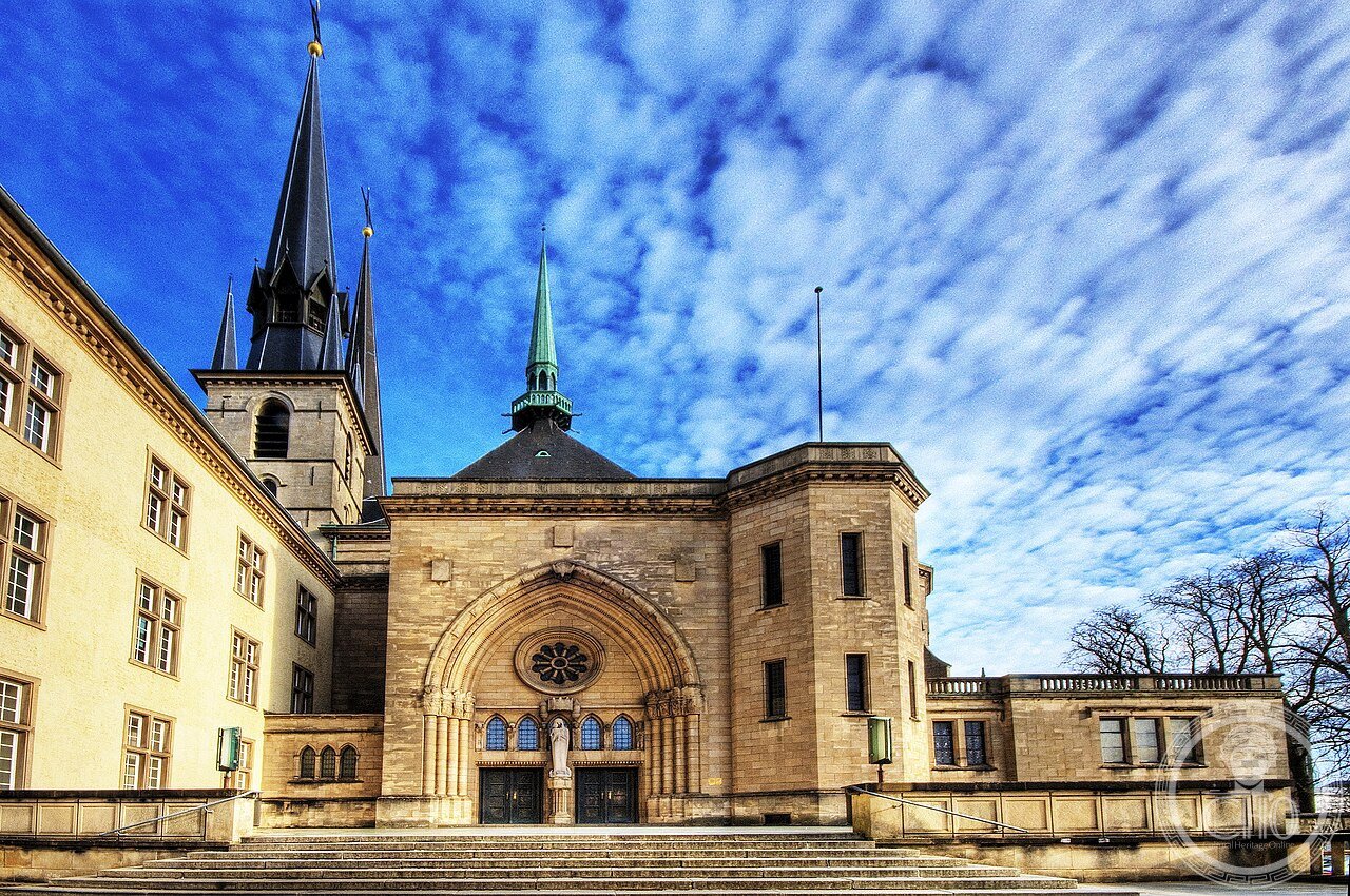 Exterior of Notre-Dame Cathedral in Luxembourg City, built 1613-1621 as a Jesuit church, whose crypt holds the tomb of the blind King John of Bohemia, who died leading his knights at the Battle of Crécy in 1346